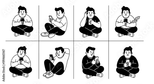 Collection of illustrations depicting a person using a smartphone in various poses.