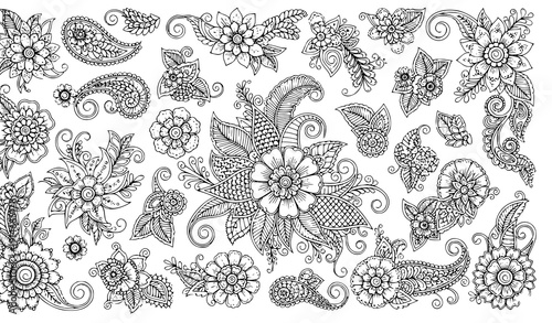 Intricate Mehndi Flower Ornament Outline Vector Set for Henna Tattoo and Ethnic Decoration