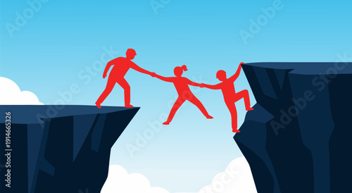 teamwork and collaboration, a red vector illustration of people helping each other across a gap, representing support and partnership
