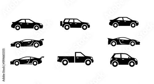 Collection of black car silhouettes on a white background.