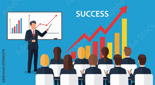 Business training presentation vector illustration of a speaker presenting a growing success chart to an audience