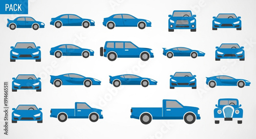 Collection of blue cars in various styles and views.