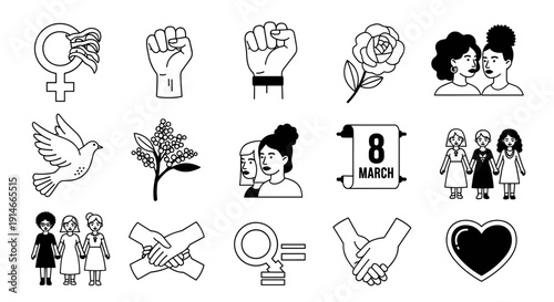 International Womens Day and Feminism Icons Set.