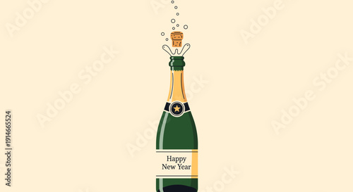 Champagne bottle popping with cork flying and bubbles for New Year celebration.