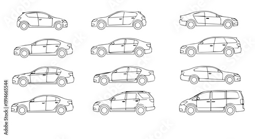 Collection of various car types, including sedans, wagons, and minivans, presented as line drawings on a white background