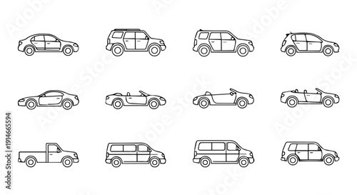 Diverse vector line art illustrations of various car types. Simple outline icons showing vehicle silhouettes including sedans, SUVs, trucks, convertibles, and vans for automotive design projects