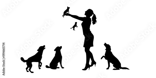 Vector Silhouette of Woman Raising a Puppy Surrounded by Dogs