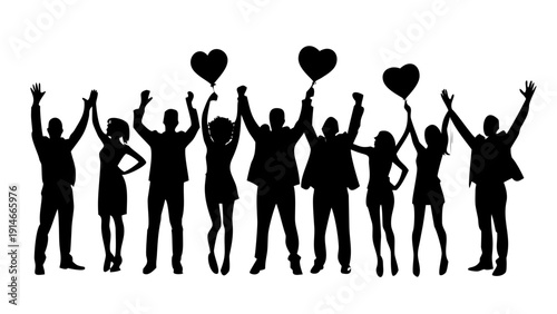 Cheering Business Team with Heart Balloons Silhouette Vector