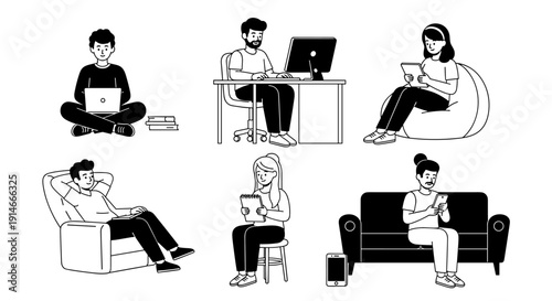 Diverse individuals engaged in various digital activities at home.