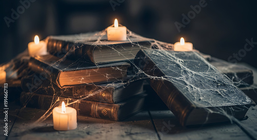 A stack of old books covered in cobwebs with candles on top creating a spooky atmosphere scene