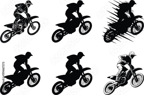 Motocross rider silhouette set, dirt bike jump racing vector collection, extreme sport motorbike isolated on white