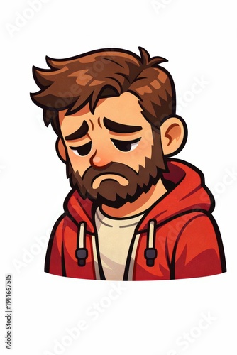 Wallpaper Mural Stylized cartoon of a bearded man in a red hoodie gazing downward with a sorrowful expression against a clean white backdrop, ideal for concepts of stress, regret, or emotional vulnerability. Torontodigital.ca