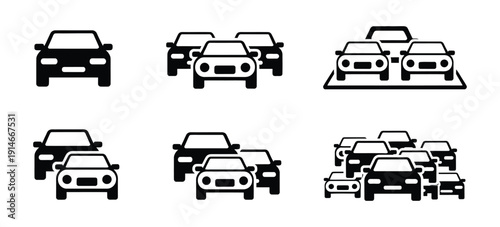 Different cars and traffic jam symbols icons set, vehicle silhouettes and congestion signs, urban transportation elements, road traffic problem indicators, clean modern vector illustration isolated.