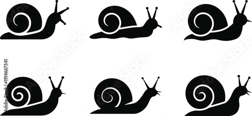 Snail silhouette collection, crawling gastropod animal vector set, spiral shell nature icon isolated on white