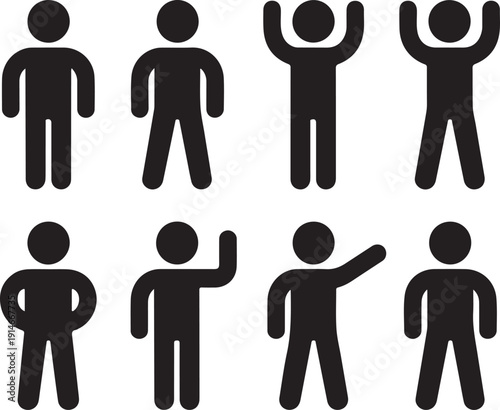 Man standing set, stick figure human. Vector illustration, pictogram of different human poses on white