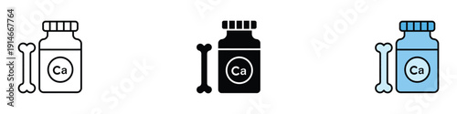Calcium supplement bottle icon vector. Bone health symbol for medical vitamins, mineral supplements and pharmaceutical healthcare set. Vector Illustration.