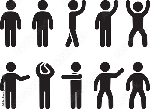 Man standing set, stick figure human. Vector illustration, pictogram of different human poses on white
