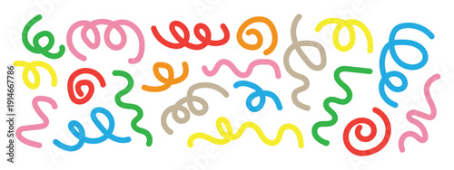 Colorful hand drawn streamer set vector. Celebration symbol for party decoration, festive confetti and birthday carnival element collection. Vector Illustration.