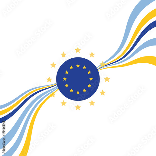 A Europe Day vector illustration featuring a blue circle with yellow stars and wavy lines in blue and yellow hues on a white background. Perfect for celebrations, banners, and European