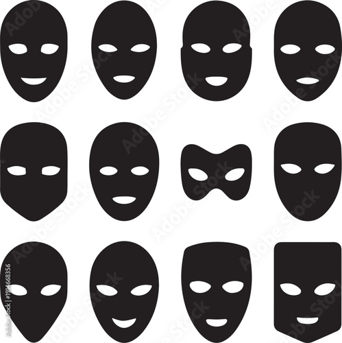 Mask superhero carnival villain or burgar vector icon set. Black masquerade costume eye mask silhouette hidden person face. Simple design incognito party masque shape template illustration