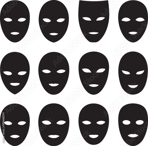 Mask superhero carnival villain or burgar vector icon set. Black masquerade costume eye mask silhouette hidden person face. Simple design incognito party masque shape template illustration