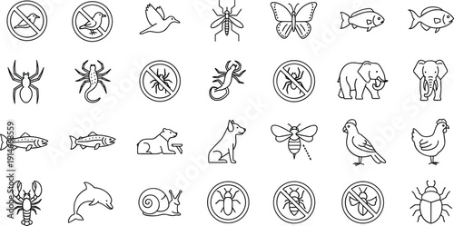 Animal and Insect Outline Icon Set with Bear, Elephant, Butterfly, Mosquito, Spider, Fish, Bird and Pest Control Prohibition Symbols