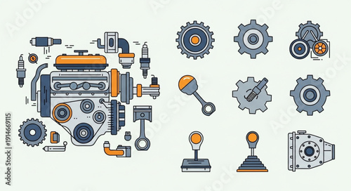 Automotive Engine Components and Mechanical Parts Illustration.