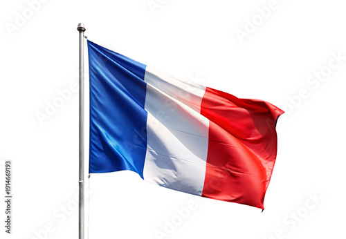 French tricolor flag flowing in wind on silver flagpole mount, isolated on a transparent background