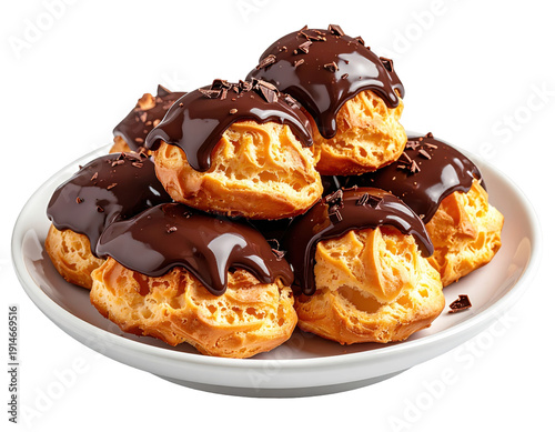 Stacked Cream Puffs Drizzled with Dark Chocolate and Chocolate Shavings on a White Plate