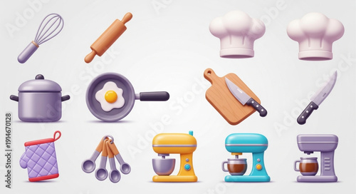 Collection of cartoon kitchen utensils and cooking equipment.