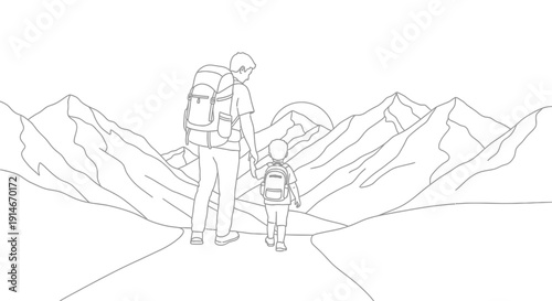 father and son hiking in mountains.