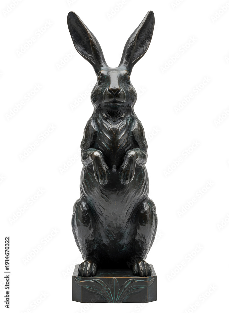 Obraz premium A dark bronze hare sculpture stands upright on a rectangular base, showcasing detailed texture and a solemn expression. isolated PNG with Transparent Background