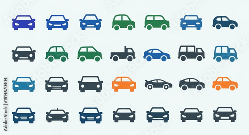 Collection of colorful car icons in various styles and colors.