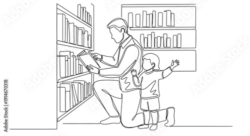father and child in library reading.