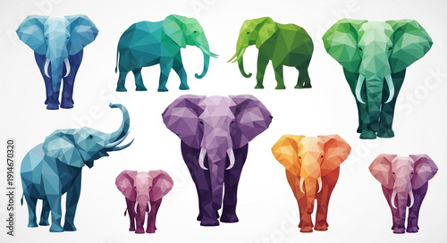 Collection of colorful abstract elephants in different poses.