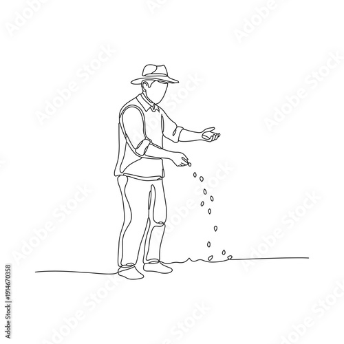 Farmer sowing seeds in the field in continuous line art style.