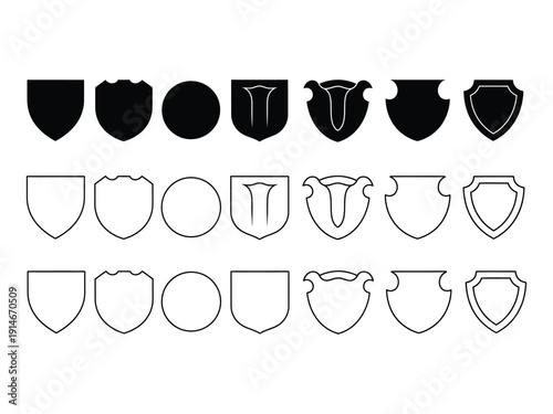 Collection of black and white shield and circle emblems, vector set