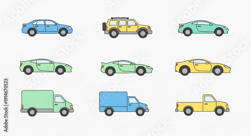 Collection of colorful pixel art vehicles on a white background.