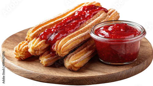 Crispy golden fried dough pastries, some drizzled with sweet red fruit jam, plus a side dip