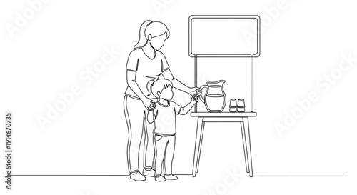Woman and child preparing healthy drink.