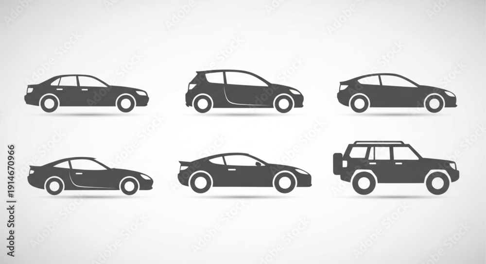 Fototapeta premium Collection of diverse car silhouettes in a clean design.