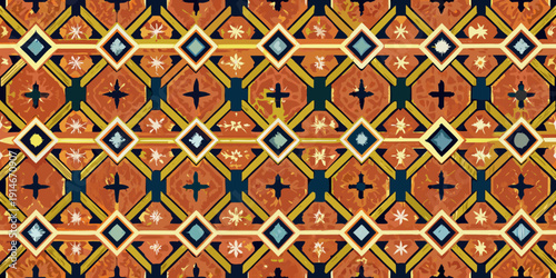 Intricate orange and teal geometric pattern with diamond and cross motifs