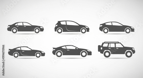 Collection of diverse car silhouettes in a clean design.