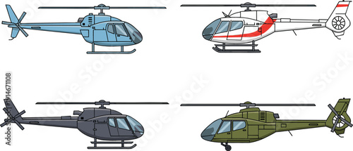 Helicopter Vector Illustration Set with Civilian and Military Chopper Aircraft in Different Colors Isolated on White Background