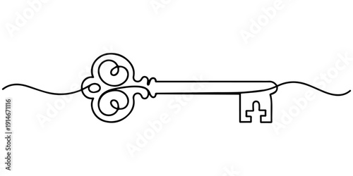 House key icon continuous one line drawing in minimalist style isolated outline vector illustration, Key one line continuous drawing. Home key continuous one line illustration. Vector minimalist