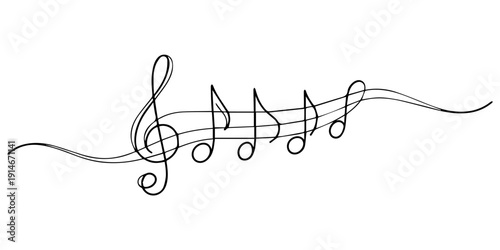Continuous line art of musical note with flowing hearts and lines. No editable strokes, hand drawing musical notes single line minimalism symbol of music, Continuous one line drawing music note vector