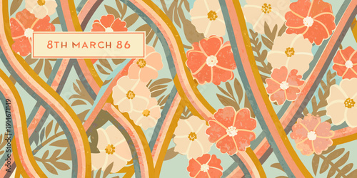 Floral pattern with 8th march 86 text overlay in a vintage style