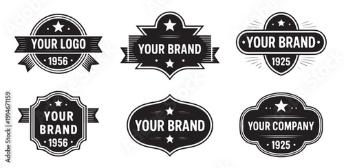 Collection of black vintage labels for your brand logo company with stars and ribbons design