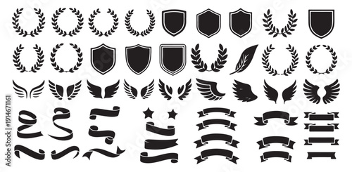 Big set of black heraldic elements featuring wreaths shields wings and banners design