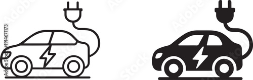 Electric car icon in black silhouette and outline style for EV, eco transport concepts.